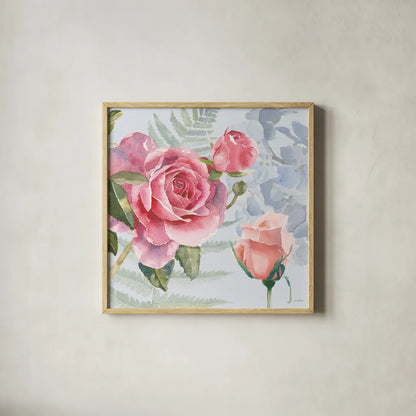 Boho Bouquet V Blue by James Wiens. Shown in a natural wood glass frame for a timeless modern aesthetic. Available as an archival giclee rolled canvas, fine art paper, or poster print. SKU 62651a.