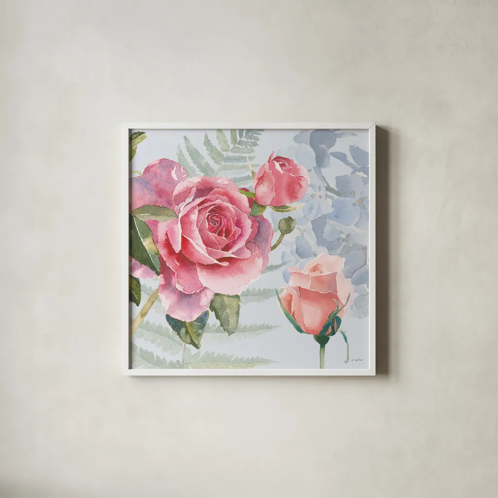 Boho Bouquet V Blue by James Wiens. Shown in a crisp white glass frame for a clean and minimalist style. Available as an archival giclee rolled canvas, fine art paper, or poster print. SKU 62651a.