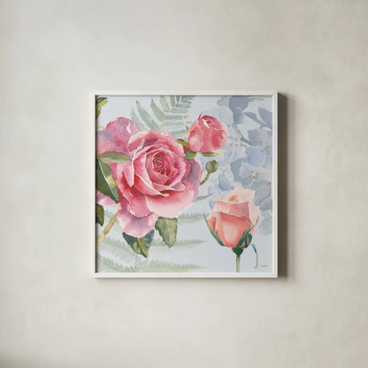 Boho Bouquet V Blue by James Wiens. Shown in a crisp white glass frame for a clean and minimalist style. Available as an archival giclee rolled canvas, fine art paper, or poster print. SKU 62651a.