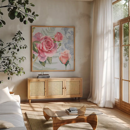 Boho Bouquet V Blue by James Wiens. Shown in a natural wood frame in a cozy modern living room. Available as an archival giclee rolled canvas, fine art paper, or poster print. SKU 62651a.