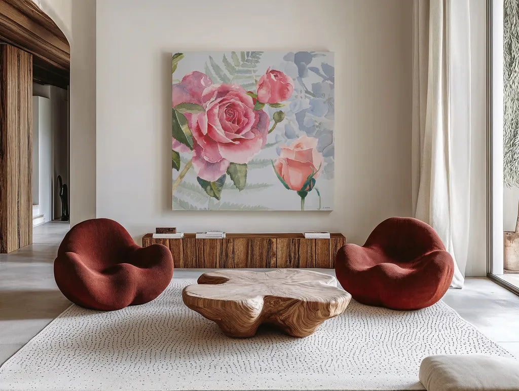 Boho Bouquet V Blue by James Wiens. Shown as extra-large giant wall art in a modern living room. Available as an archival giclee rolled canvas, fine art paper, or poster print. SKU 62651a.