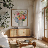 Boho Bouquet XVII by James Wiens. Shown in a natural wood frame in a cozy modern living room. Available as an archival giclee rolled canvas, fine art paper, or poster print. SKU 68457a.