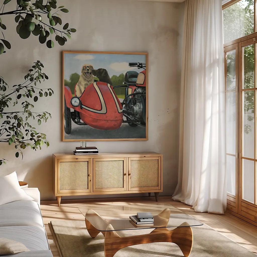 Born to Be Wild Crop by James Wiens. Shown in a natural wood frame in a cozy modern living room. Available as an archival giclee rolled canvas, fine art paper, or poster print. SKU 28512a.