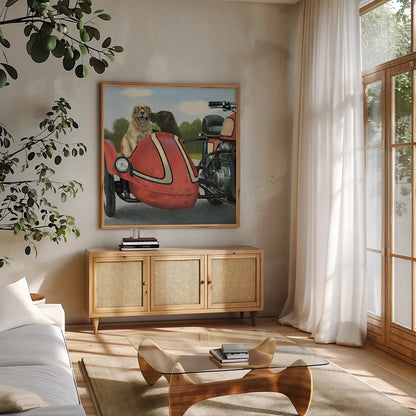 Born to Be Wild Crop by James Wiens. Shown in a natural wood frame in a cozy modern living room. Available as an archival giclee rolled canvas, fine art paper, or poster print. SKU 28512a.
