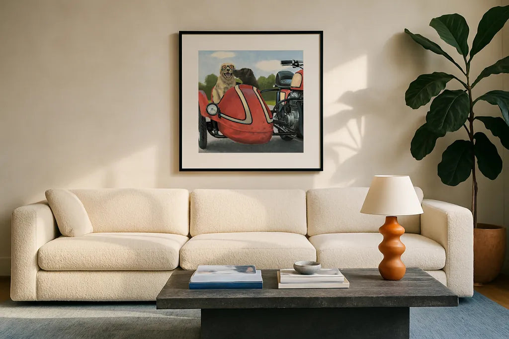 Born to Be Wild Crop by James Wiens. Displayed in a glass frame with matte in a clean modern living room. Available as an archival giclee rolled canvas, fine art paper, or poster print. SKU 28512a.