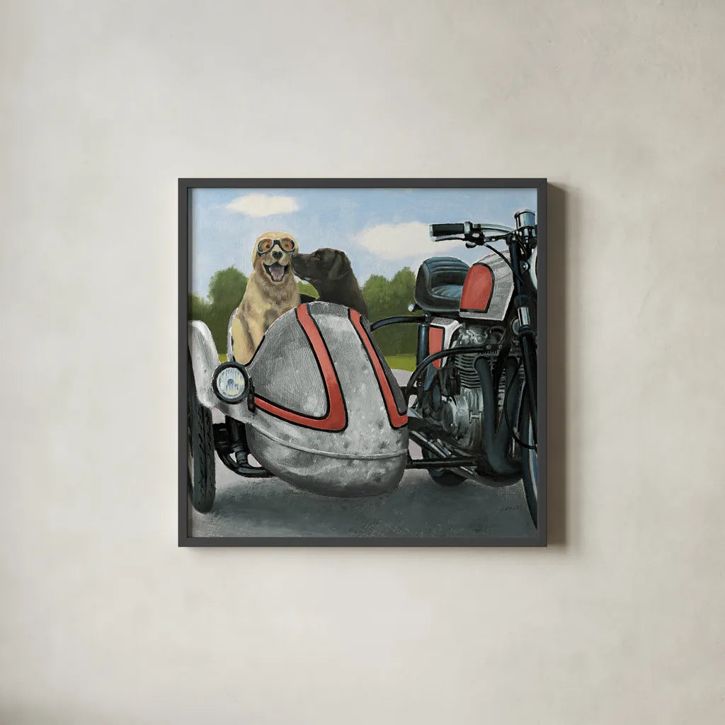 Born to be Wild Silver and Red by James Wiens. Shown in a sleek black glass frame for a contemporary gallery look. Available as an archival giclee rolled canvas, fine art paper, or poster print. SKU 33400a.