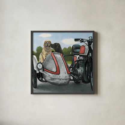 Born to be Wild Silver and Red by James Wiens. Shown in a sleek black glass frame for a contemporary gallery look. Available as an archival giclee rolled canvas, fine art paper, or poster print. SKU 33400a.