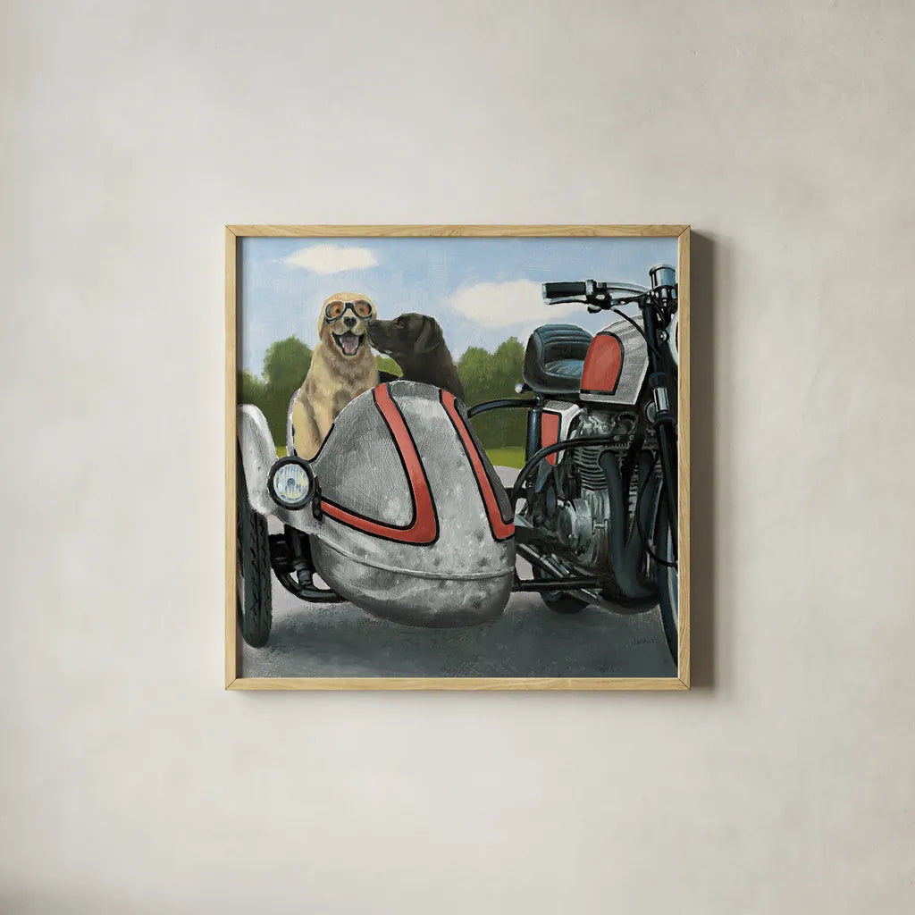 Born to be Wild Silver and Red by James Wiens. Shown in a natural wood glass frame for a timeless modern aesthetic. Available as an archival giclee rolled canvas, fine art paper, or poster print. SKU 33400a.