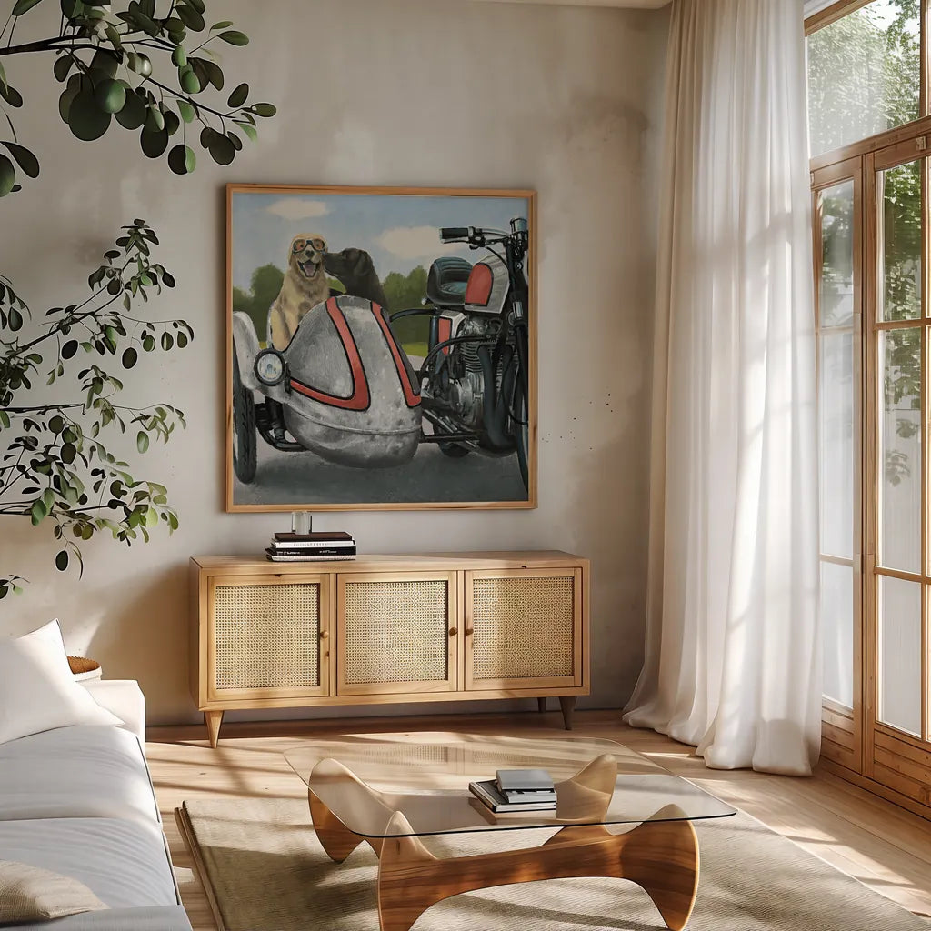 Born to be Wild Silver and Red by James Wiens. Shown in a natural wood frame in a cozy modern living room. Available as an archival giclee rolled canvas, fine art paper, or poster print. SKU 33400a.