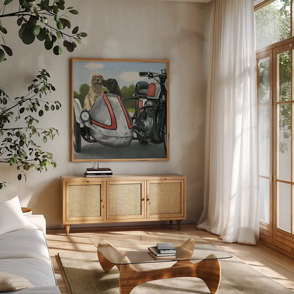 Born to be Wild Silver and Red by James Wiens. Shown in a natural wood frame in a cozy modern living room. Available as an archival giclee rolled canvas, fine art paper, or poster print. SKU 33400a.