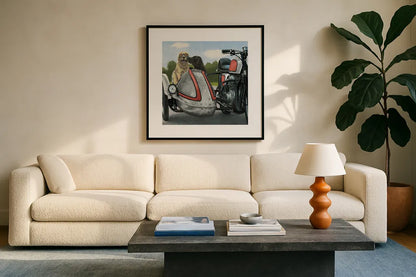 Born to be Wild Silver and Red by James Wiens. Displayed in a glass frame with matte in a clean modern living room. Available as an archival giclee rolled canvas, fine art paper, or poster print. SKU 33400a.