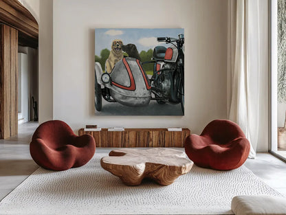 Born to be Wild Silver and Red by James Wiens. Shown as extra-large giant wall art in a modern living room. Available as an archival giclee rolled canvas, fine art paper, or poster print. SKU 33400a.