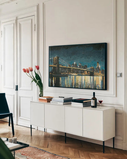 Bright City Lights Blue by James Wiens. shown as a framed stretched canvas in a living room above a console. Available as a archival giclee rolled canvas, fine art paper, or poster print. SKU 17233i.