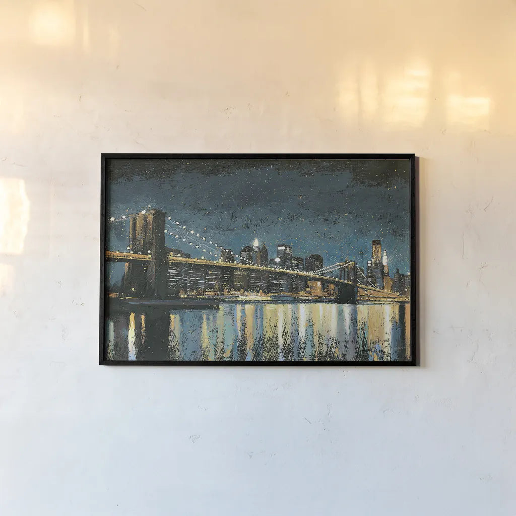 Bright City Lights Blue by James Wiens. shown as a paper print in a black flame. Available as a archival giclee rolled canvas, fine art paper, or poster print. SKU 17233i.
