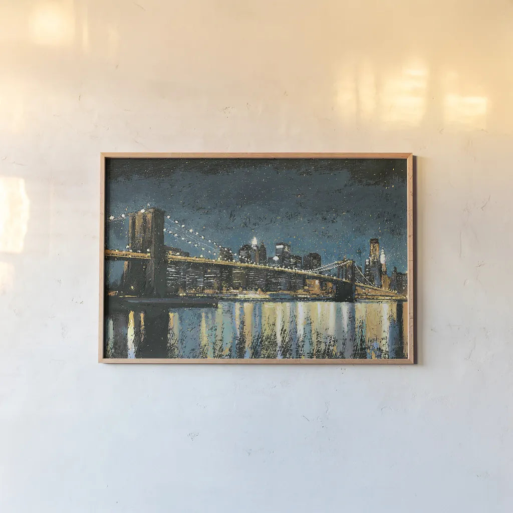 Bright City Lights Blue by James Wiens. shown as a paper print in a natural frame. Available as a archival giclee rolled canvas, fine art paper, or poster print. SKU 17233i.