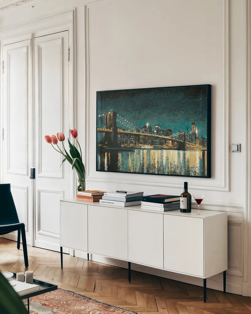 Bright City Lights Teal by James Wiens. shown as a framed stretched canvas in a living room above a console. Available as a archival giclee rolled canvas, fine art paper, or poster print. SKU 20602i.