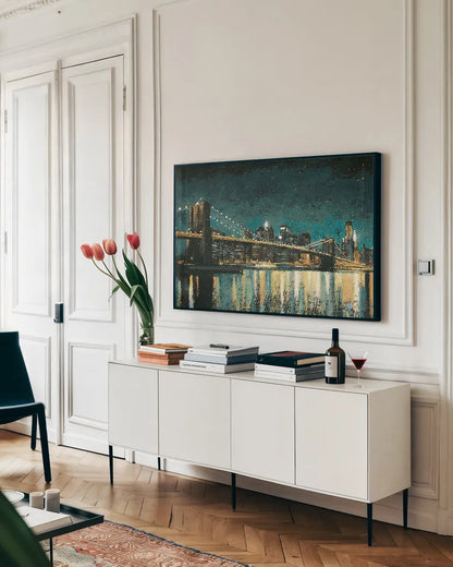 Bright City Lights Teal by James Wiens. shown as a framed stretched canvas in a living room above a console. Available as a archival giclee rolled canvas, fine art paper, or poster print. SKU 20602i.