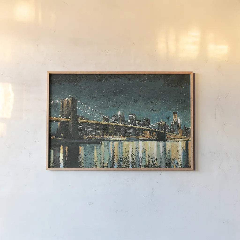 Bright City Lights Teal by James Wiens. shown as a paper print in a natural frame. Available as a archival giclee rolled canvas, fine art paper, or poster print. SKU 20602i.