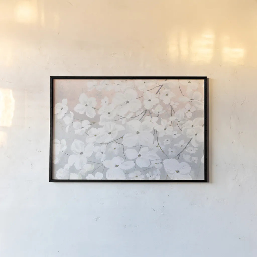 Bringing in Blossoms Blush by James Wiens. shown as a paper print in a black flame. Available as a archival giclee rolled canvas, fine art paper, or poster print. SKU 45677i.