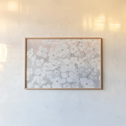 Bringing in Blossoms Blush by James Wiens. shown as a paper print in a natural frame. Available as a archival giclee rolled canvas, fine art paper, or poster print. SKU 45677i.