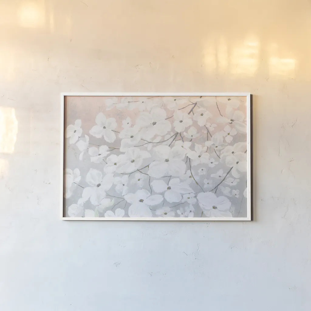 Bringing in Blossoms Blush by James Wiens. shown as a paper print in a white frame. Available as a archival giclee rolled canvas, fine art paper, or poster print. SKU 45677i.