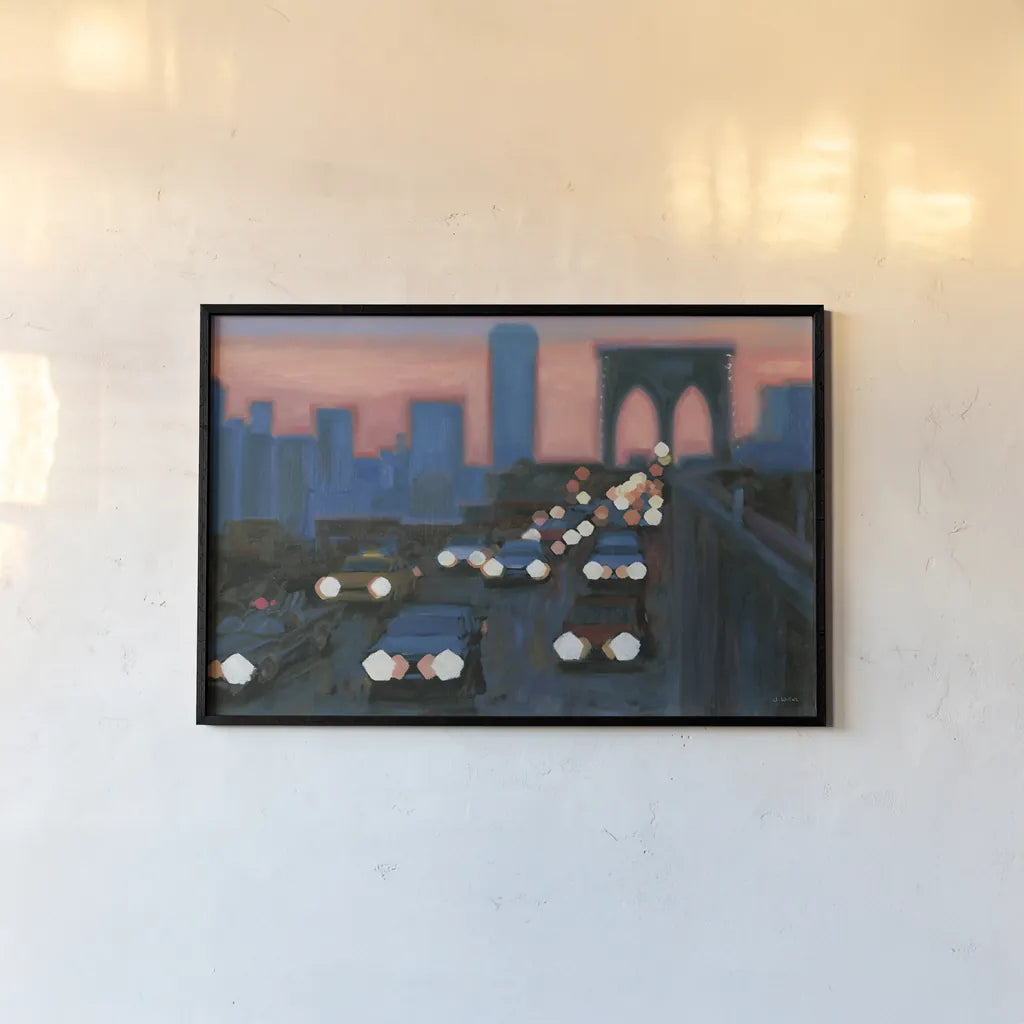 Brooklyn Bridge Evening by James Wiens. shown as a paper print in a black flame. Available as a archival giclee rolled canvas, fine art paper, or poster print. SKU 65983i.