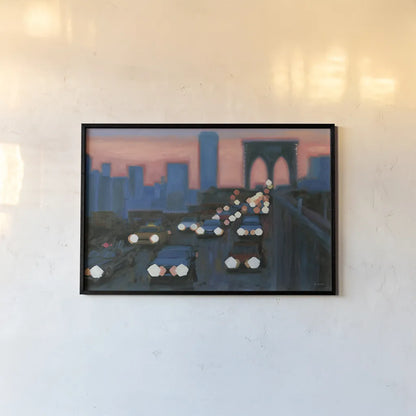 Brooklyn Bridge Evening by James Wiens. shown as a paper print in a black flame. Available as a archival giclee rolled canvas, fine art paper, or poster print. SKU 65983i.