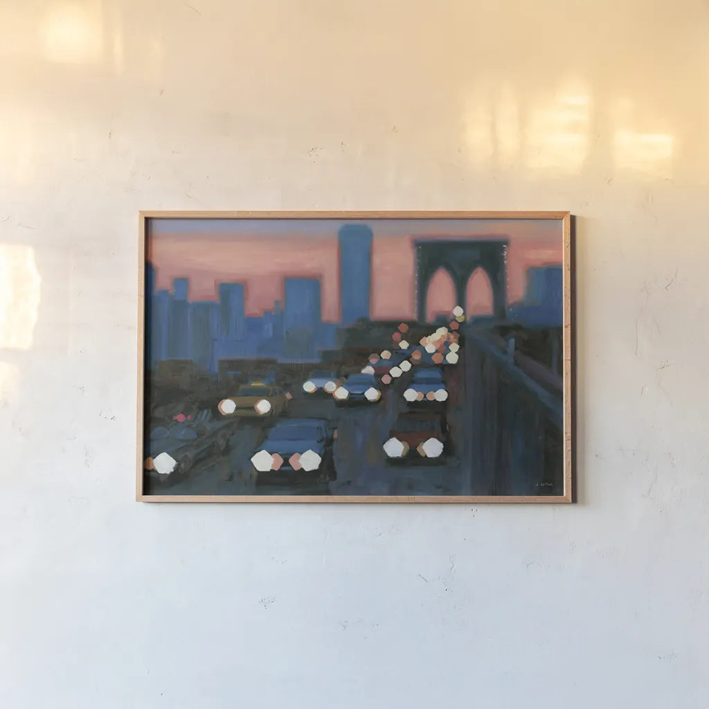 Brooklyn Bridge Evening by James Wiens. shown as a paper print in a natural frame. Available as a archival giclee rolled canvas, fine art paper, or poster print. SKU 65983i.