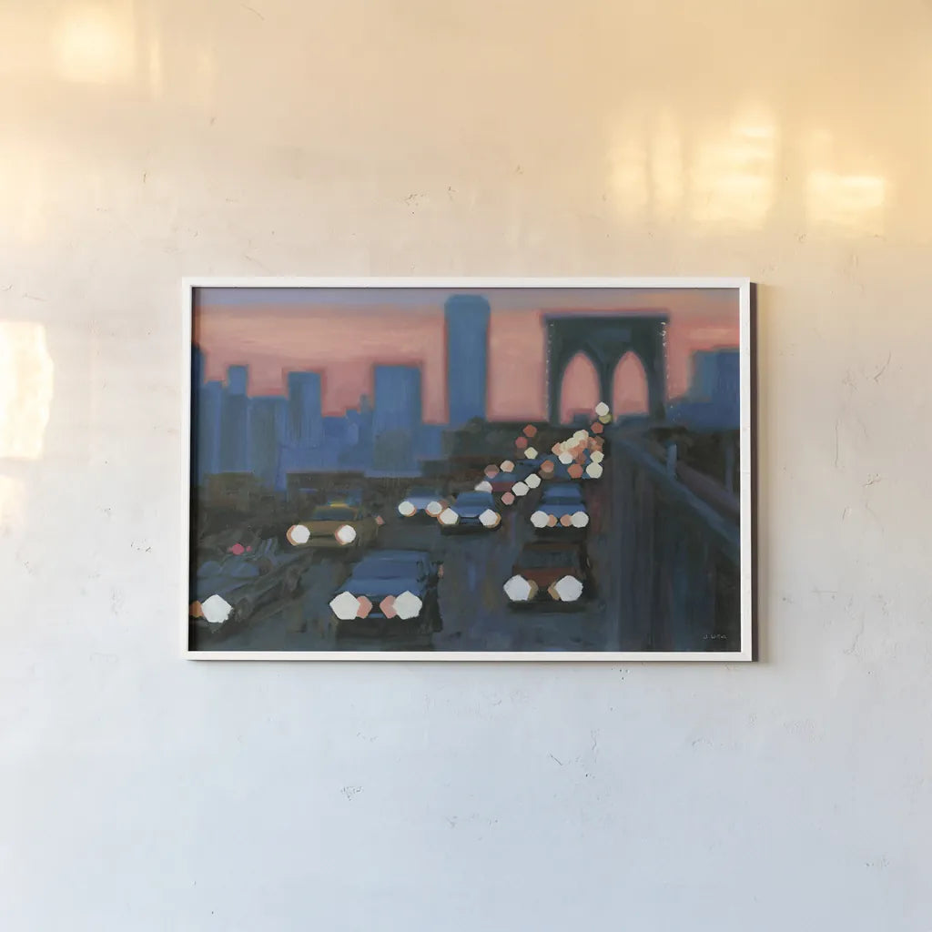 Brooklyn Bridge Evening by James Wiens. shown as a paper print in a white frame. Available as a archival giclee rolled canvas, fine art paper, or poster print. SKU 65983i.