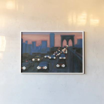 Brooklyn Bridge Evening by James Wiens. shown as a paper print in a white frame. Available as a archival giclee rolled canvas, fine art paper, or poster print. SKU 65983i.