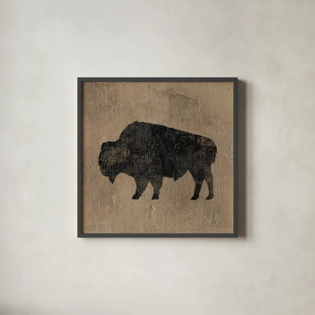 Brown Lodge II by James Wiens. Shown in a sleek black glass frame for a contemporary gallery look. Available as an archival giclee rolled canvas, fine art paper, or poster print. SKU 50175a.