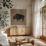 Brown Lodge II by James Wiens. Shown in a natural wood frame in a cozy modern living room. Available as an archival giclee rolled canvas, fine art paper, or poster print. SKU 50175a.