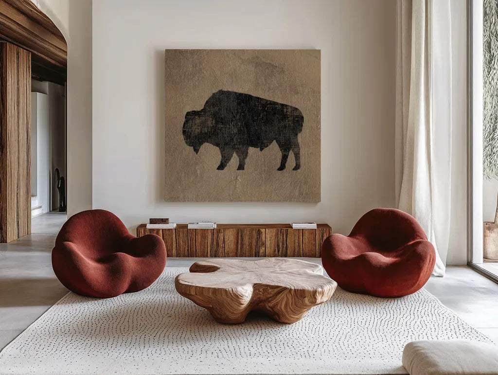 Brown Lodge II by James Wiens. Shown as extra-large giant wall art in a modern living room. Available as an archival giclee rolled canvas, fine art paper, or poster print. SKU 50175a.