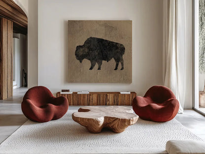 Brown Lodge II by James Wiens. Shown as extra-large giant wall art in a modern living room. Available as an archival giclee rolled canvas, fine art paper, or poster print. SKU 50175a.