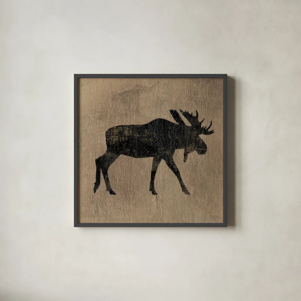 Brown Lodge III by James Wiens. Shown in a sleek black glass frame for a contemporary gallery look. Available as an archival giclee rolled canvas, fine art paper, or poster print. SKU 50176a.