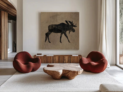 Brown Lodge III by James Wiens. Shown as extra-large giant wall art in a modern living room. Available as an archival giclee rolled canvas, fine art paper, or poster print. SKU 50176a.