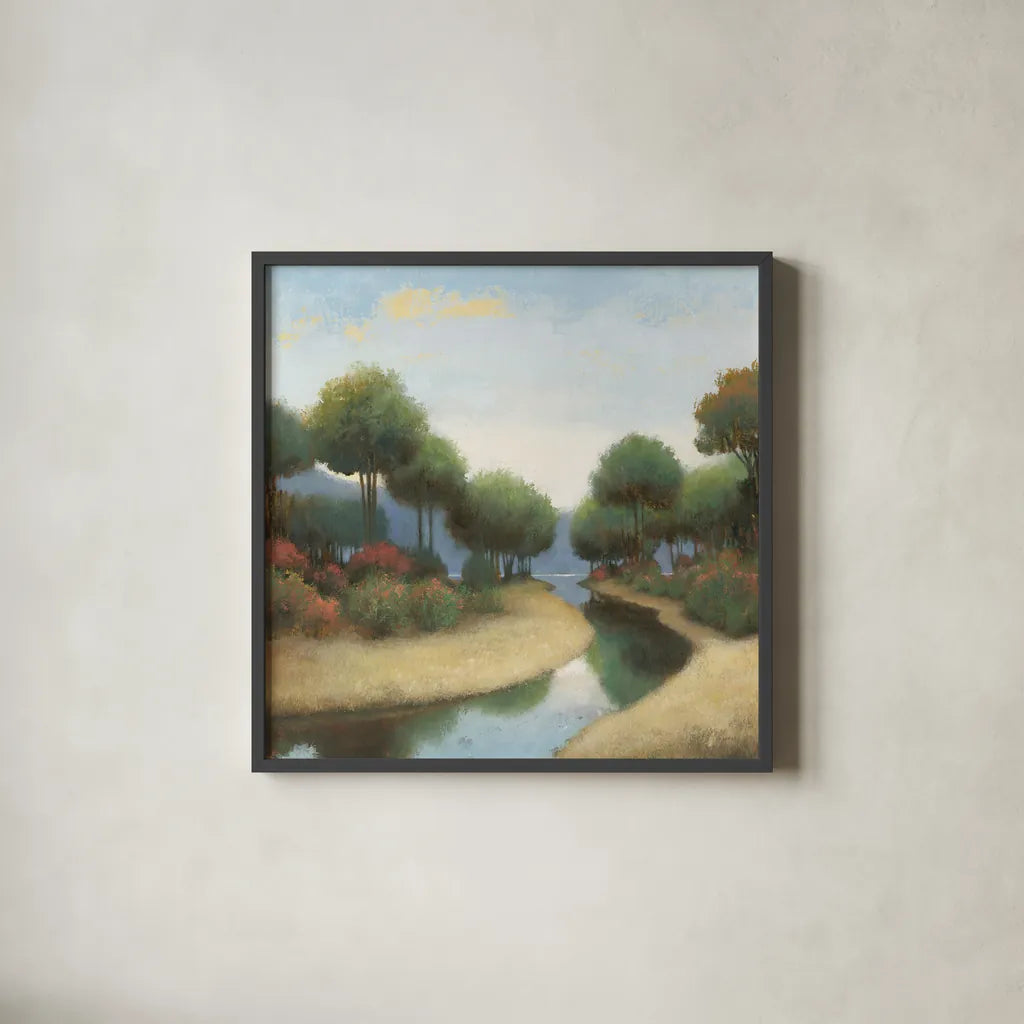 By the Waterways I by James Wiens. Shown in a sleek black glass frame for a contemporary gallery look. Available as an archival giclee rolled canvas, fine art paper, or poster print. SKU 62009a.