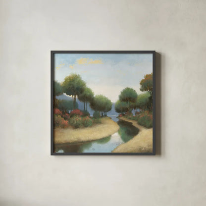 By the Waterways I by James Wiens. Shown in a sleek black glass frame for a contemporary gallery look. Available as an archival giclee rolled canvas, fine art paper, or poster print. SKU 62009a.