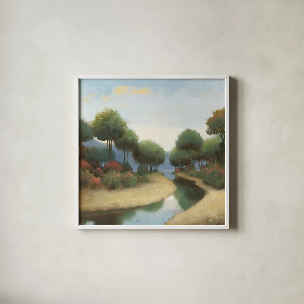 By the Waterways I by James Wiens. Shown in a crisp white glass frame for a clean and minimalist style. Available as an archival giclee rolled canvas, fine art paper, or poster print. SKU 62009a.