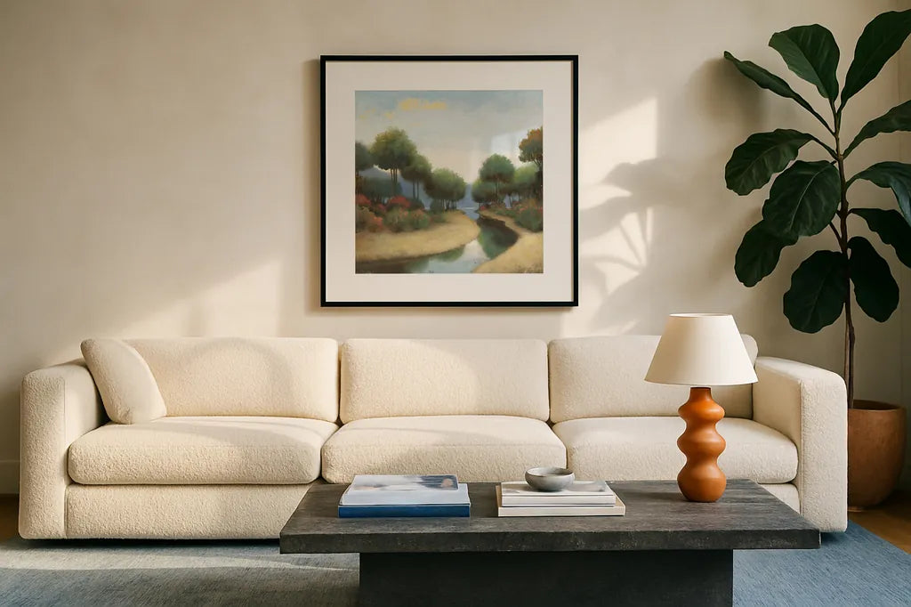 By the Waterways I by James Wiens. Displayed in a glass frame with matte in a clean modern living room. Available as an archival giclee rolled canvas, fine art paper, or poster print. SKU 62009a.