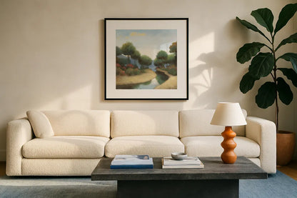 By the Waterways I by James Wiens. Displayed in a glass frame with matte in a clean modern living room. Available as an archival giclee rolled canvas, fine art paper, or poster print. SKU 62009a.