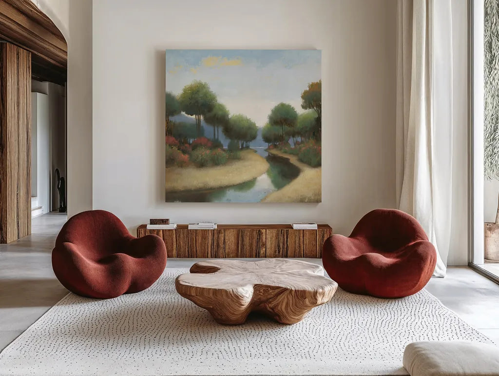 By the Waterways I by James Wiens. Shown as extra-large giant wall art in a modern living room. Available as an archival giclee rolled canvas, fine art paper, or poster print. SKU 62009a.
