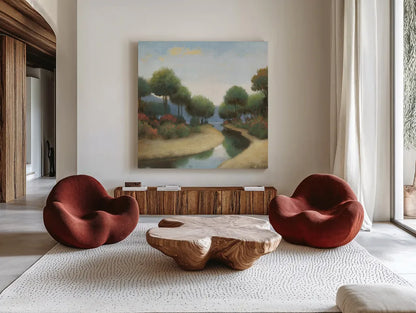 By the Waterways I by James Wiens. Shown as extra-large giant wall art in a modern living room. Available as an archival giclee rolled canvas, fine art paper, or poster print. SKU 62009a.