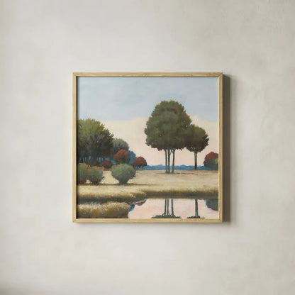 By the Waterways II by James Wiens. Shown in a natural wood glass frame for a timeless modern aesthetic. Available as an archival giclee rolled canvas, fine art paper, or poster print. SKU 62010a.