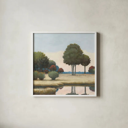By the Waterways II by James Wiens. Shown in a crisp white glass frame for a clean and minimalist style. Available as an archival giclee rolled canvas, fine art paper, or poster print. SKU 62010a.