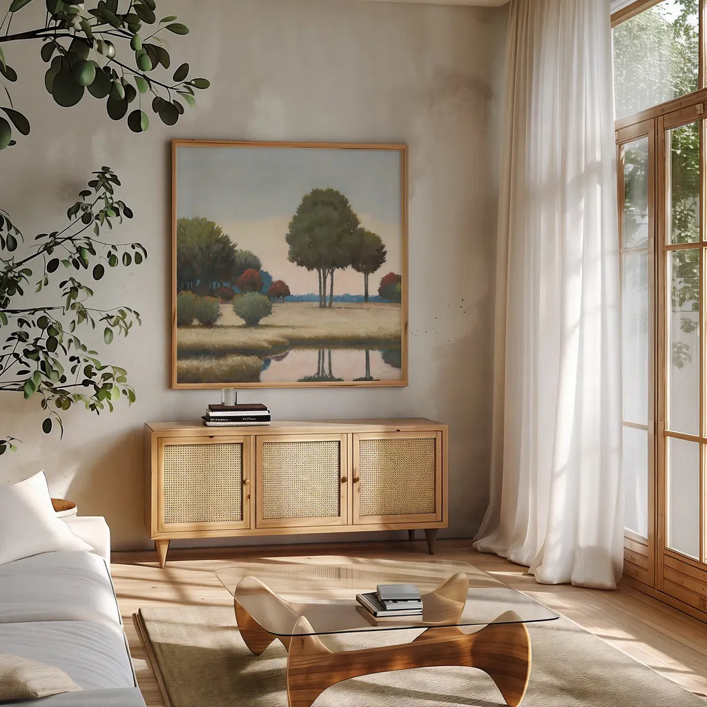 By the Waterways II by James Wiens. Shown in a natural wood frame in a cozy modern living room. Available as an archival giclee rolled canvas, fine art paper, or poster print. SKU 62010a.