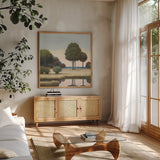 By the Waterways II by James Wiens. Shown in a natural wood frame in a cozy modern living room. Available as an archival giclee rolled canvas, fine art paper, or poster print. SKU 62010a.