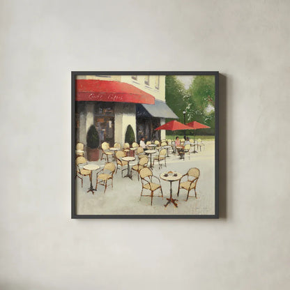Cafe du Matin II by James Wiens. Shown in a sleek black glass frame for a contemporary gallery look. Available as an archival giclee rolled canvas, fine art paper, or poster print. SKU 12515a.