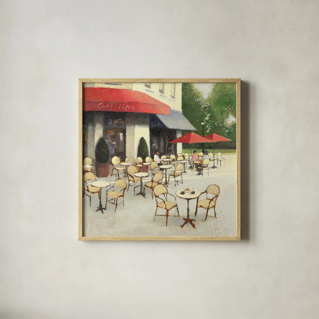 Cafe du Matin II by James Wiens. Shown in a natural wood glass frame for a timeless modern aesthetic. Available as an archival giclee rolled canvas, fine art paper, or poster print. SKU 12515a.