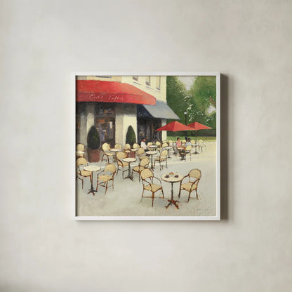 Cafe du Matin II by James Wiens. Shown in a crisp white glass frame for a clean and minimalist style. Available as an archival giclee rolled canvas, fine art paper, or poster print. SKU 12515a.